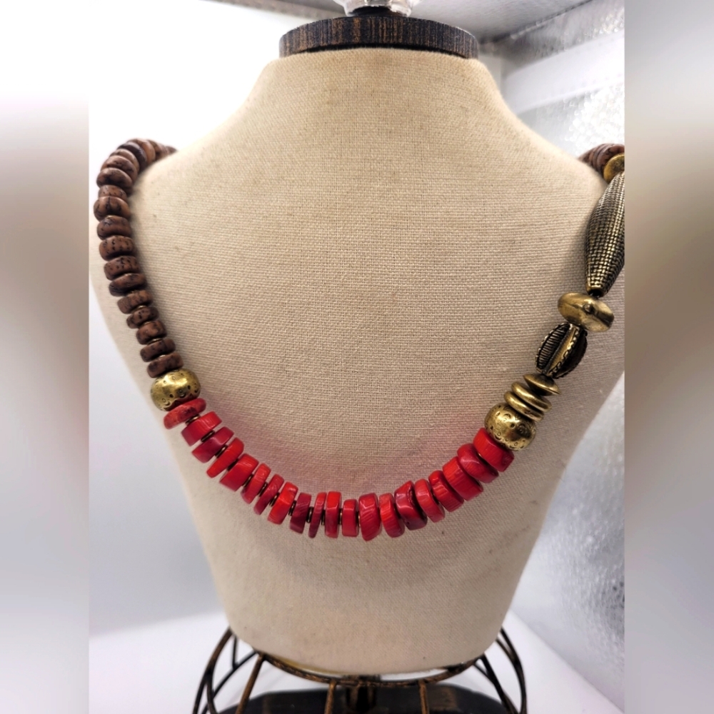 Coldwater Creek Wood Metal Boho Signed Necklace